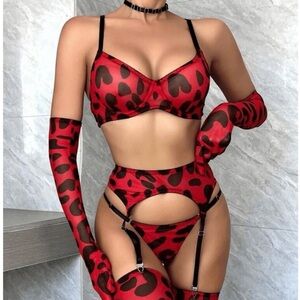 Sexy Red Leopard Animal Print Valentine’s Day 7 Piece Lingerie Set M